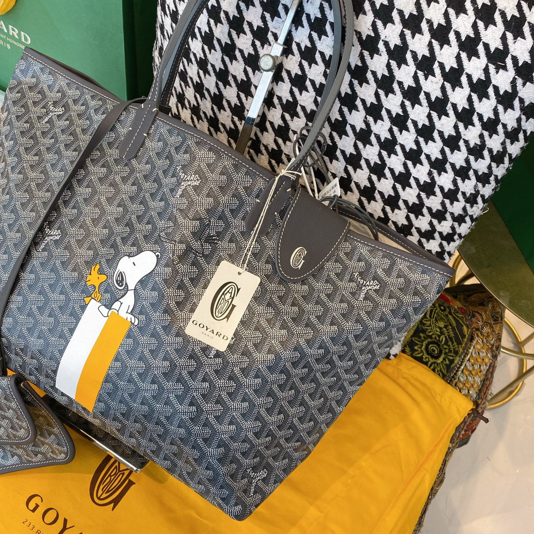 Gogy Blue Chevron Geometric Print Tote Bag with Cartoon Character and Stripes