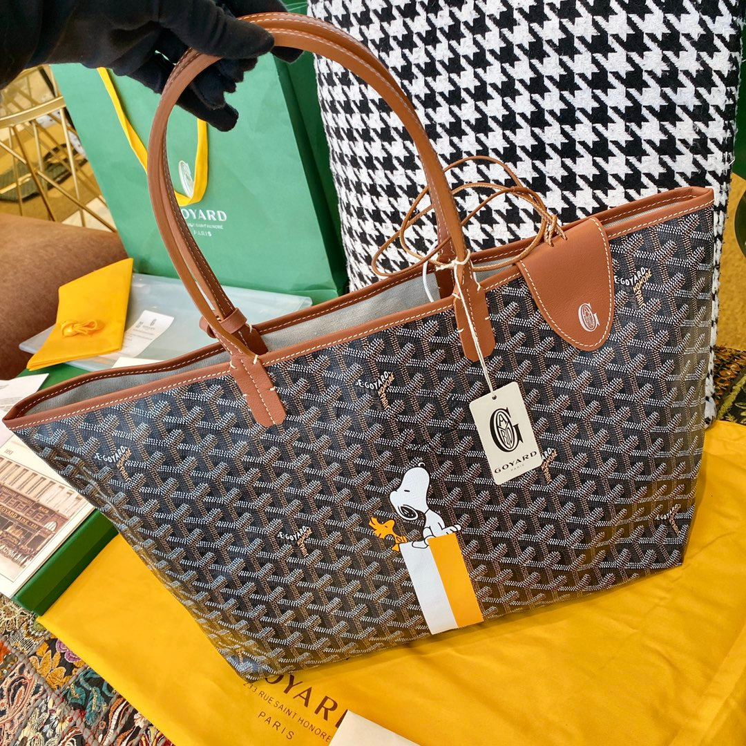 Gogy Geometric Chevron Print Canvas Tote Bag with Leather Handles