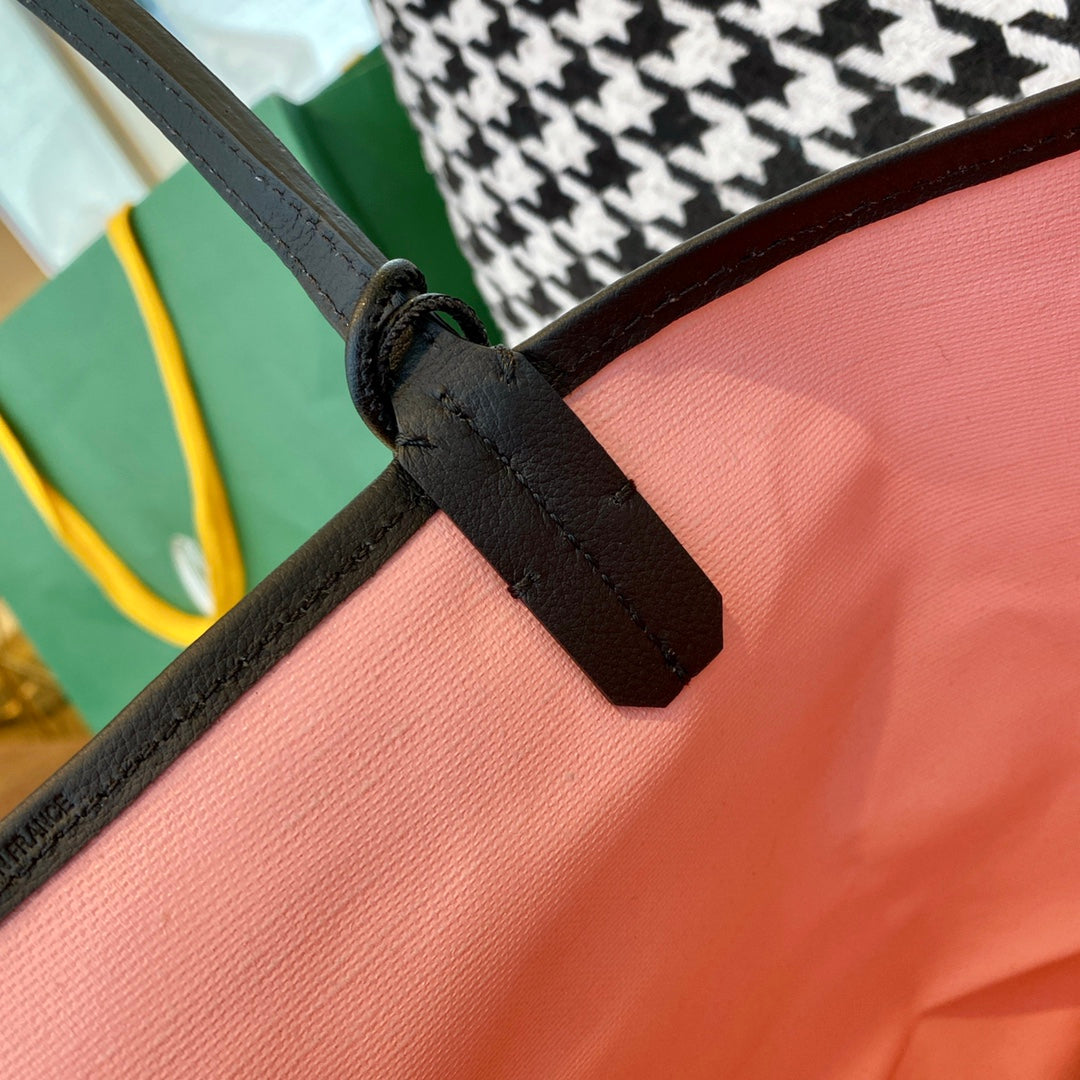Gogy Elegant Pink Canvas Handbag with Black Leather Trim Detail