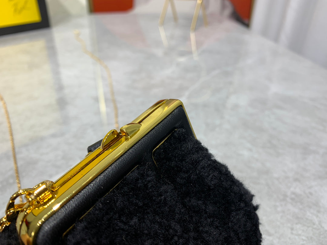 Fendi First Nano Black Shearling Mini Bag with Gold Chain