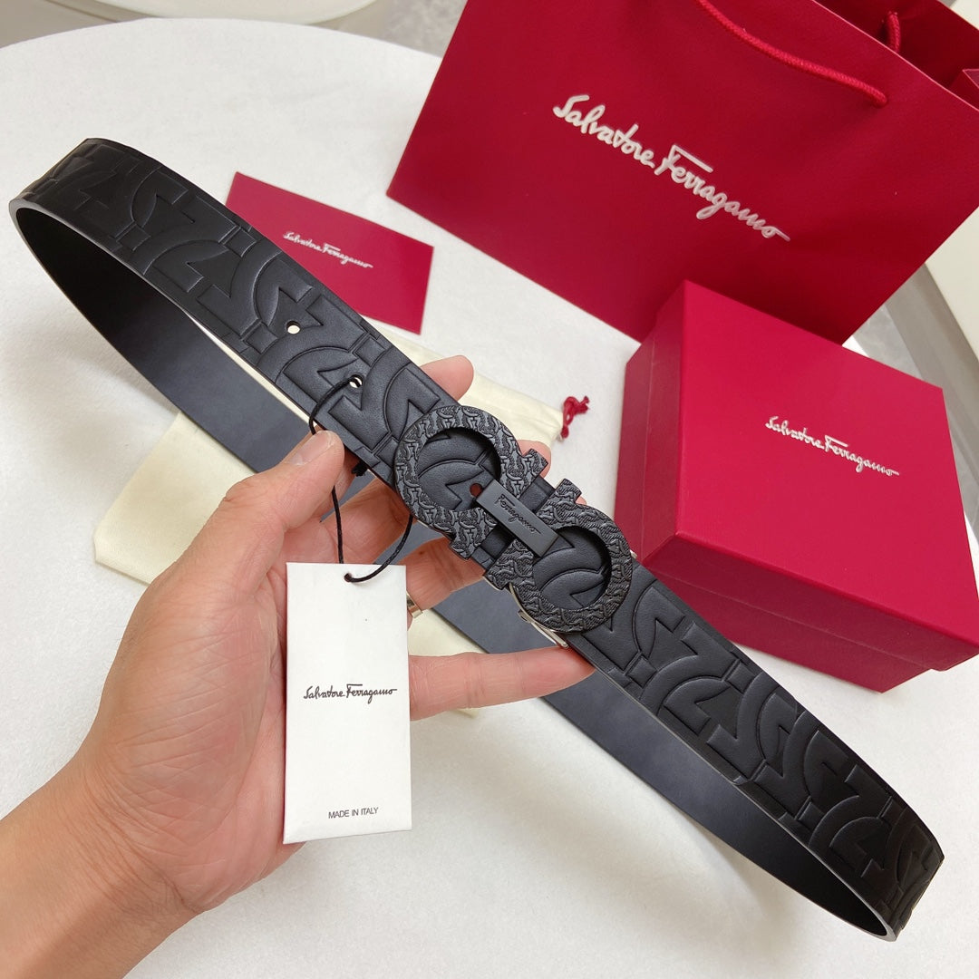 Salvatore Ferragamo Men's Gancini Reversible Embossed Leather Belt, Black