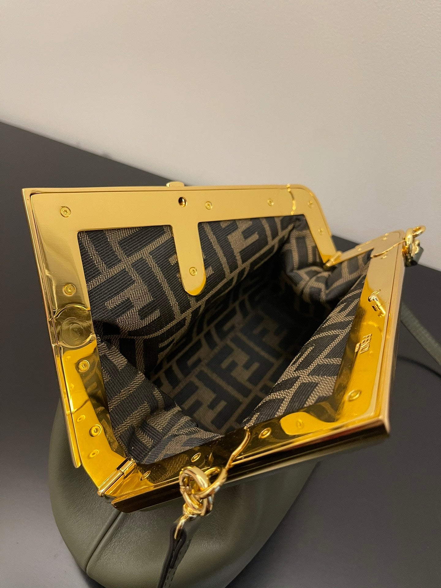 Sage Green Leather Frame Clutch Crossbody Bag with Gold Hardware