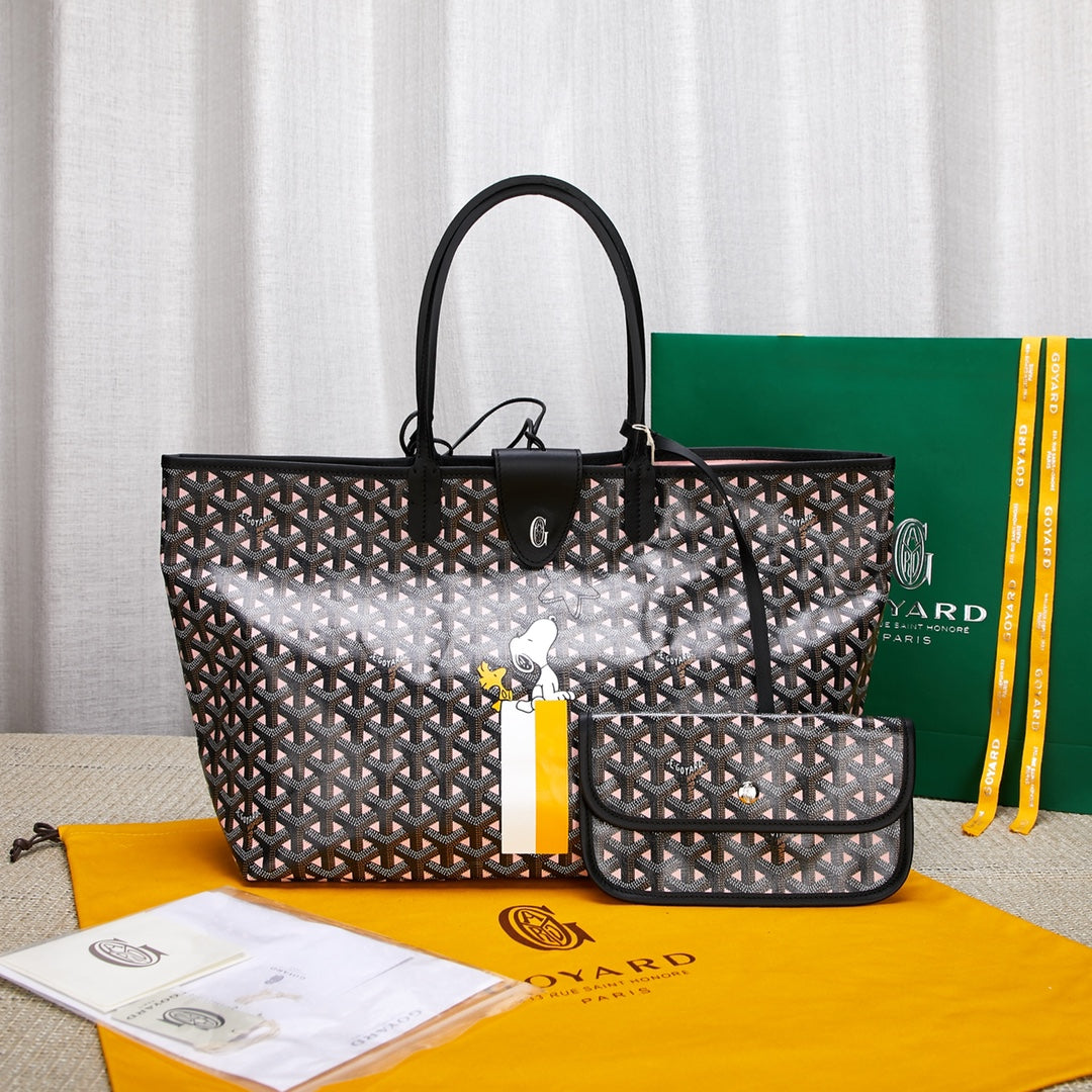Gogy Black Chevron Monogram Tote Bag with Matching Pouch and Cartoon Dog