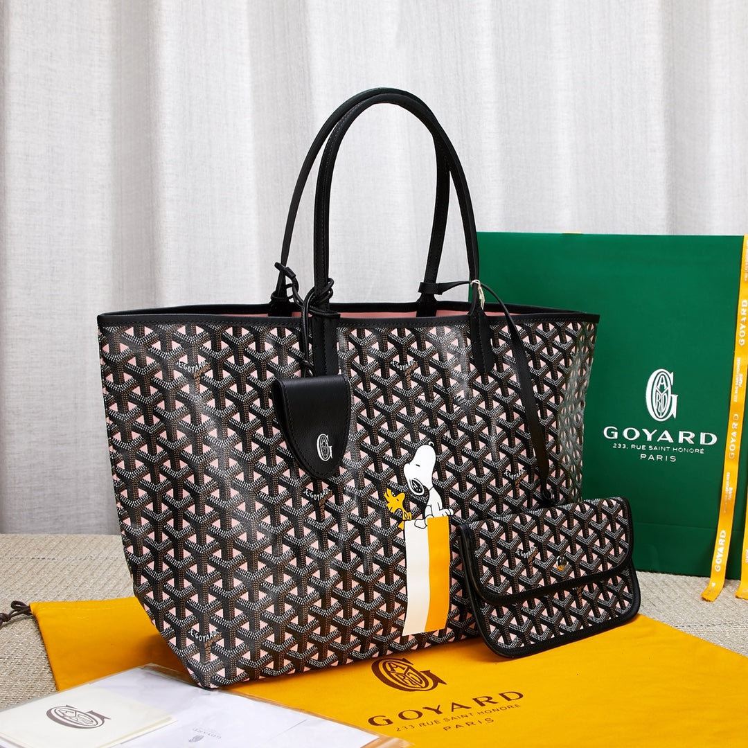 Gogy Black Chevron Monogram Tote Bag with Matching Pouch and Cartoon Dog