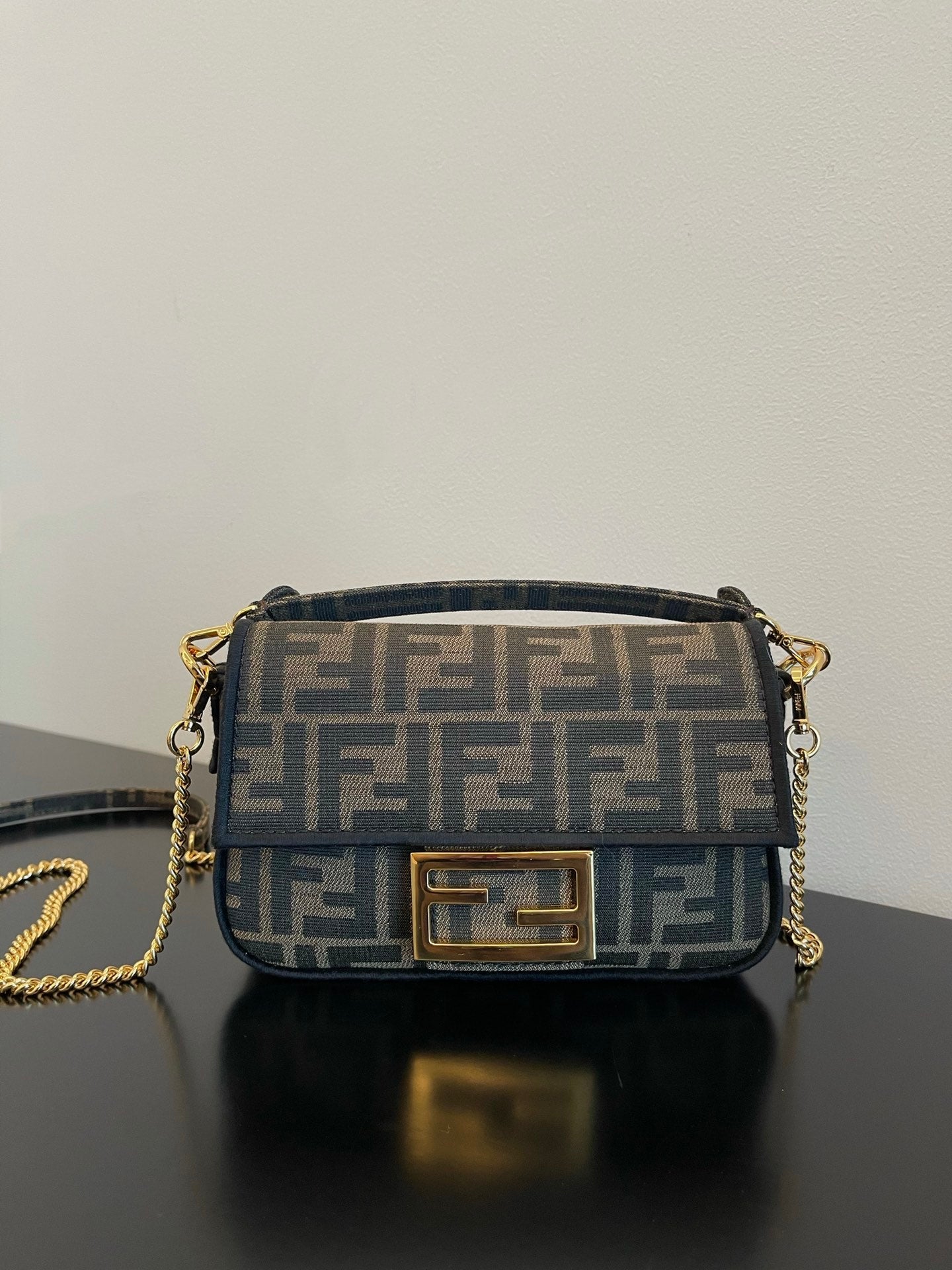 Fendi Monogram Canvas Baguette Bag with Gold-Tone Chain Strap - Navy/Grey