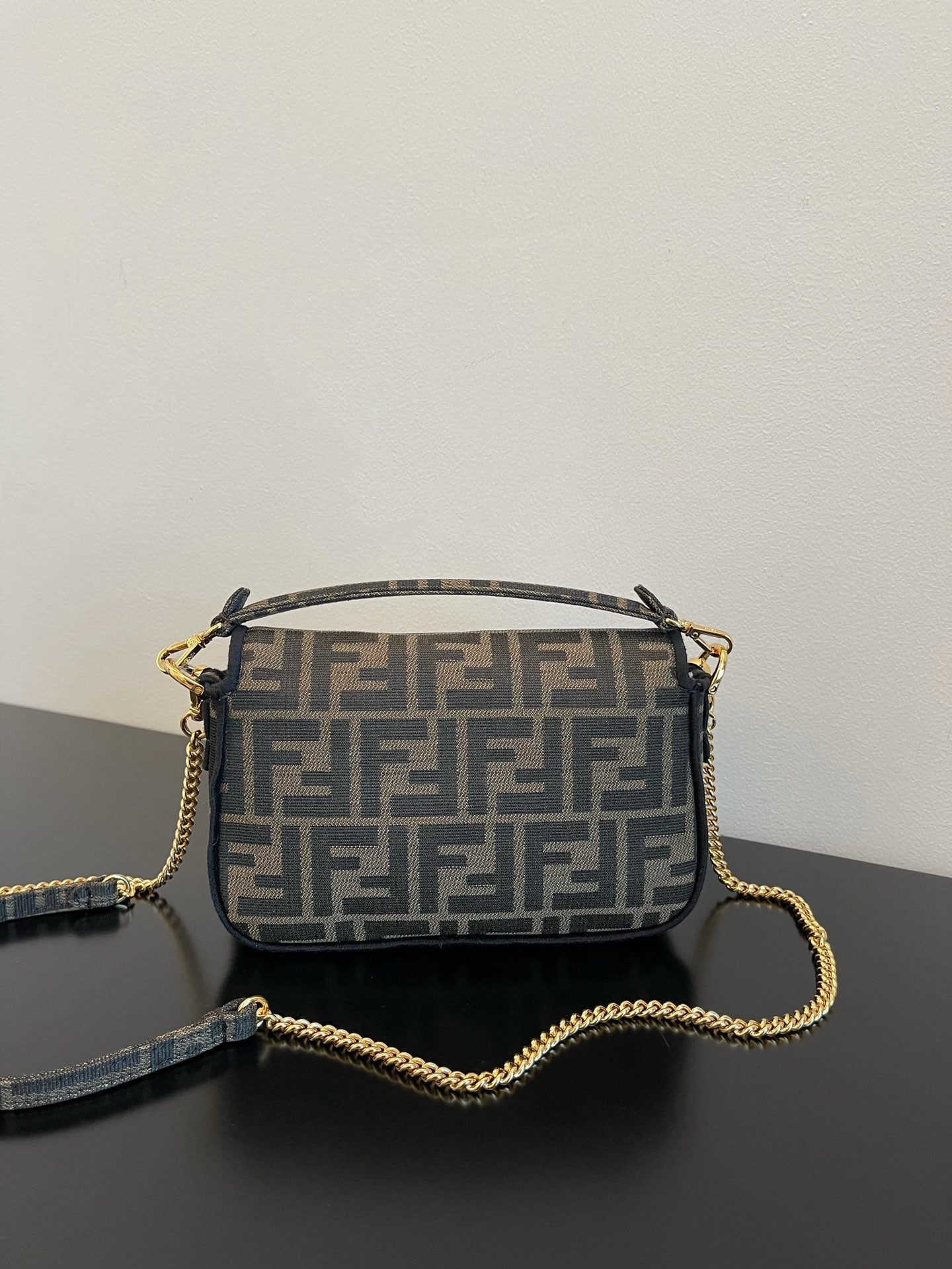 Fendi Mini Baguette Bag in FF Jacquard Fabric with Gold Chain Strap