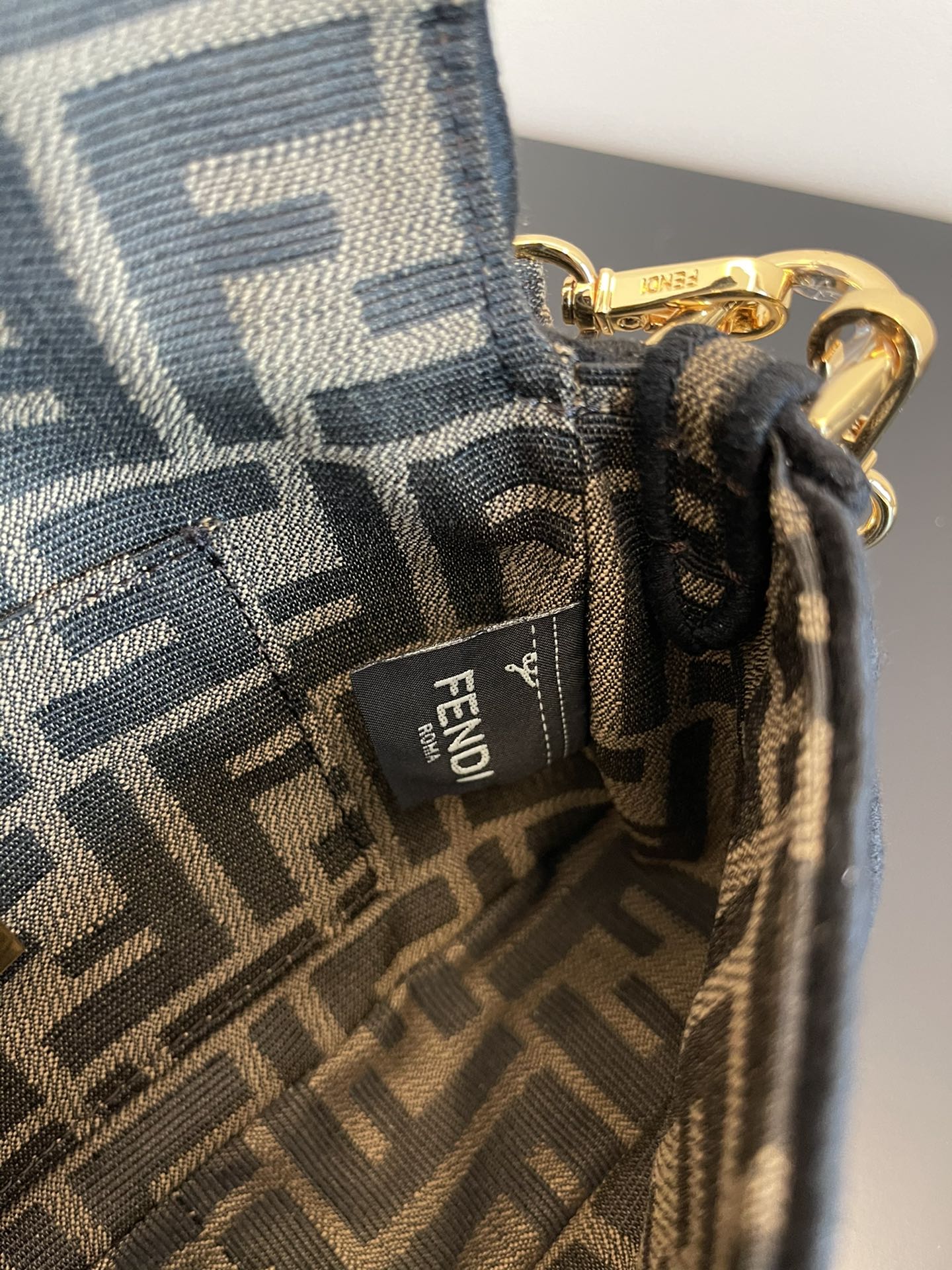 Fendi Monogram Canvas Baguette Bag with Gold-Tone Chain Strap - Navy/Grey