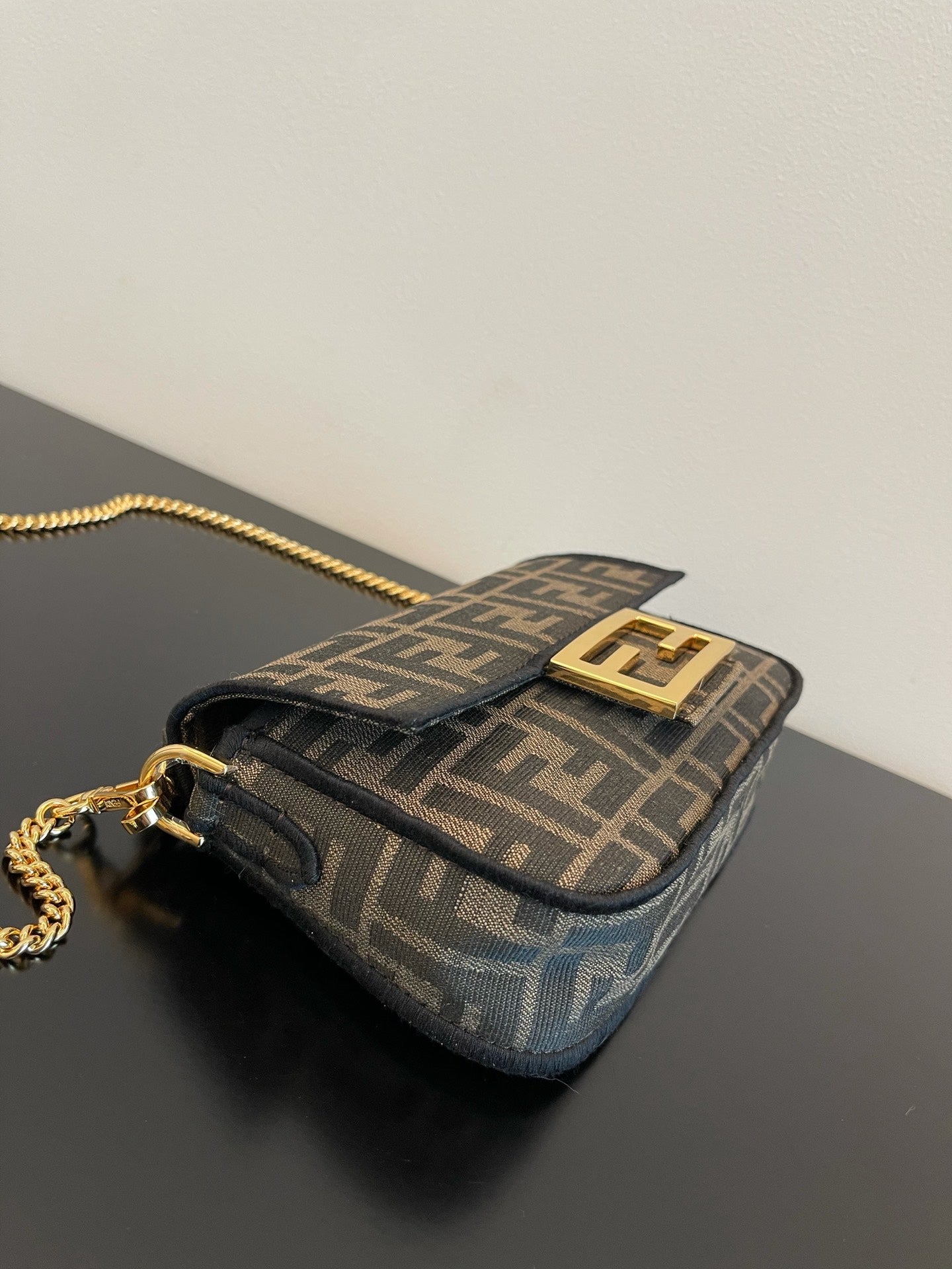 Fendi Monogram Canvas Baguette Bag with Gold-Tone Chain Strap - Navy/Grey