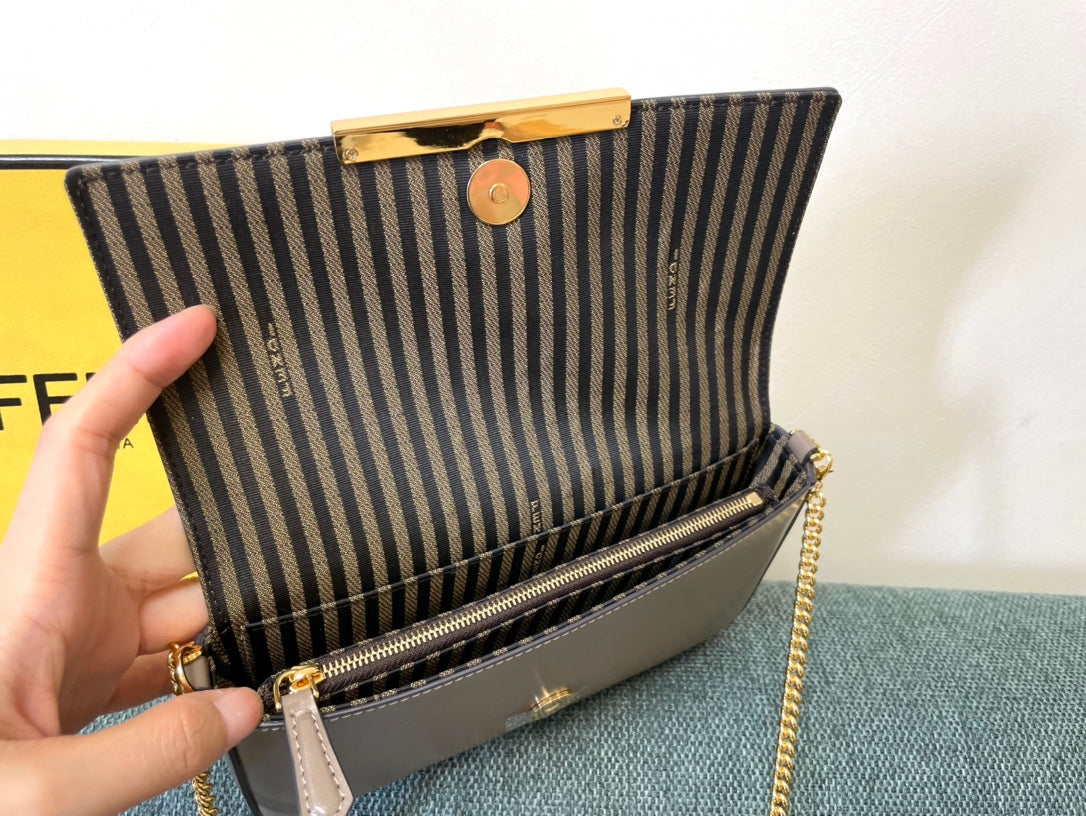 Fendi FF Logo Continental Wallet on Chain - Taupe Leather Crossbody Bag with Pouch