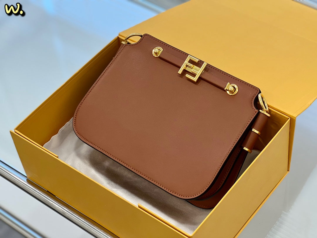 Fendi Touch Black Leather Shoulder Bag with Gold-Tone FF Logo