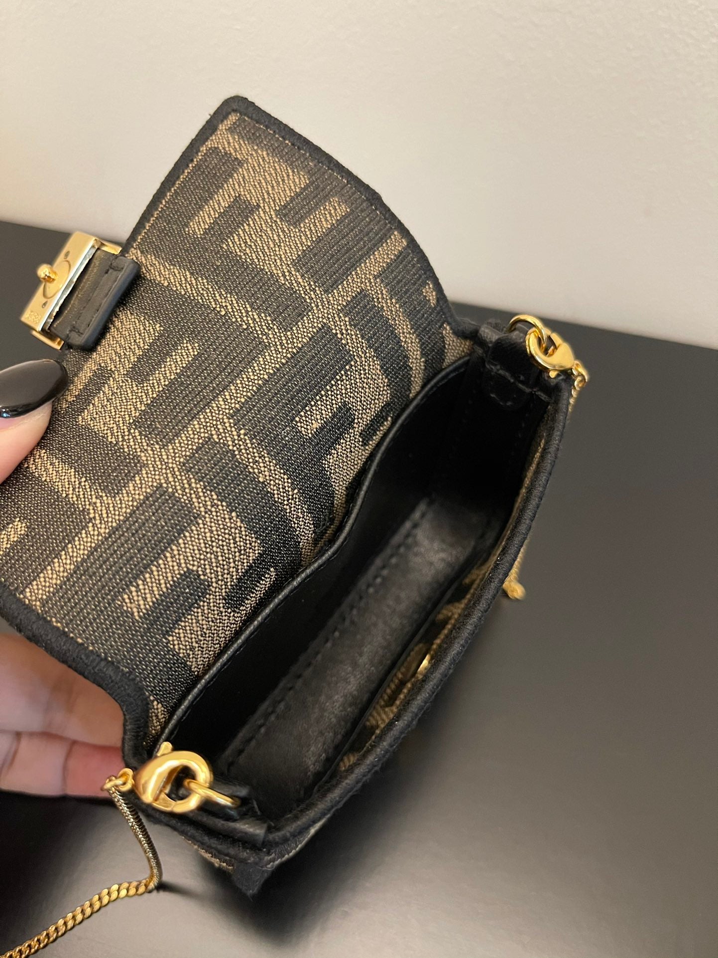 Fendi FF Canvas Nano Baguette Charm with Gold-Tone Ring Handle