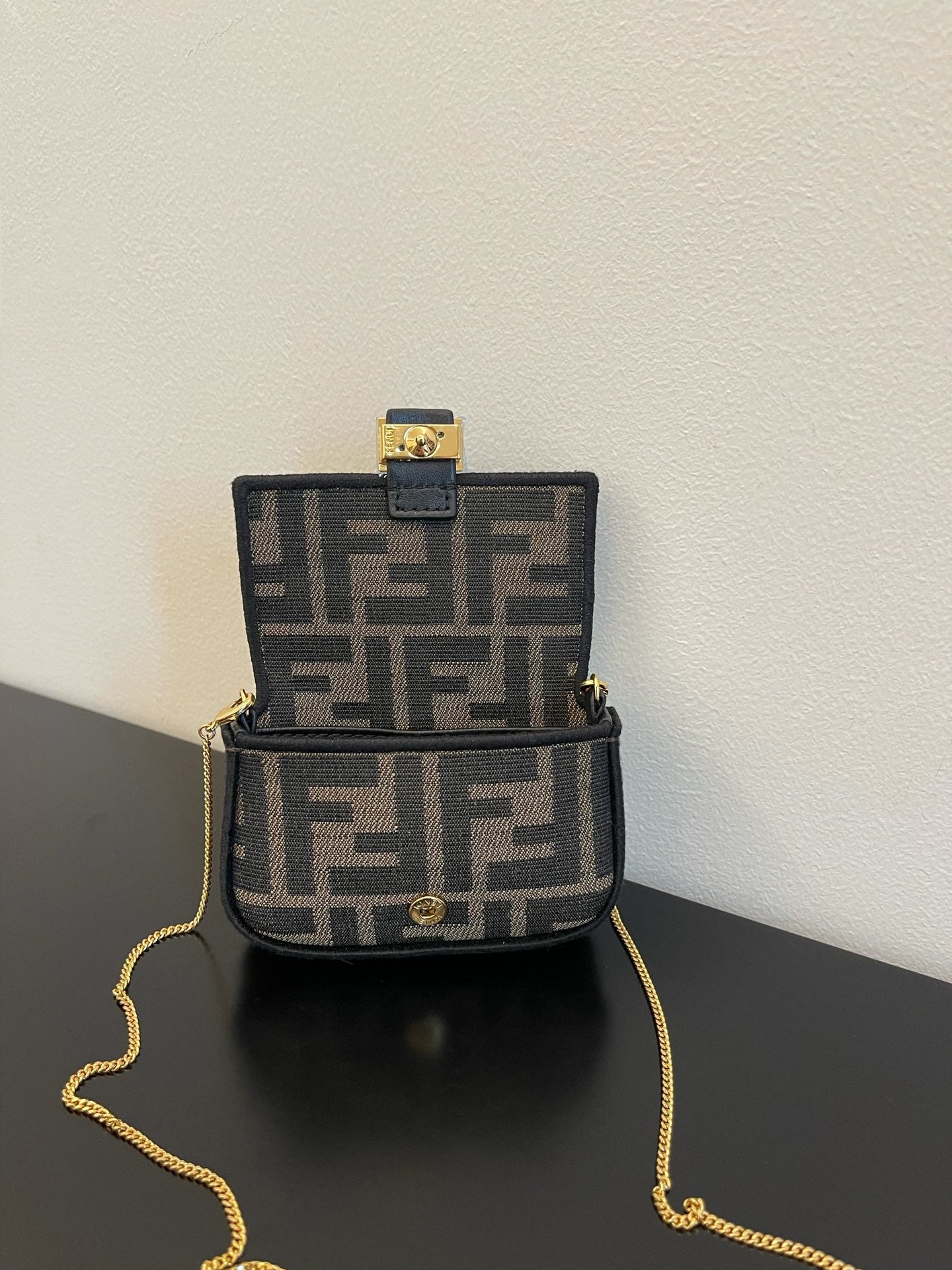 Fendi Nano Baguette Charm in Brown Zucca Canvas with Gold Chain