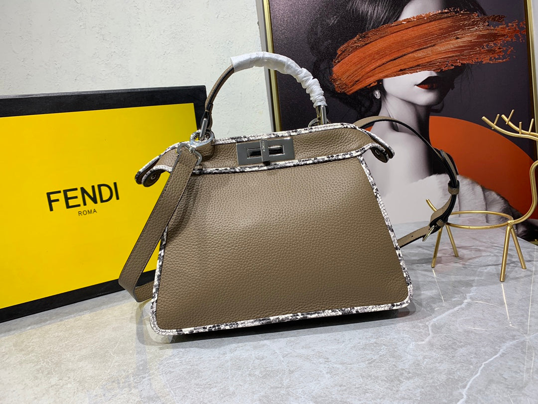 Fendi Peekaboo Iconic Medium Taupe Leather Bag with Snakeskin Trim