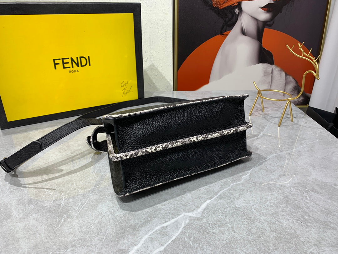 Fendi Peekaboo Iconic Small Black Leather Handbag with FF Motif Trim