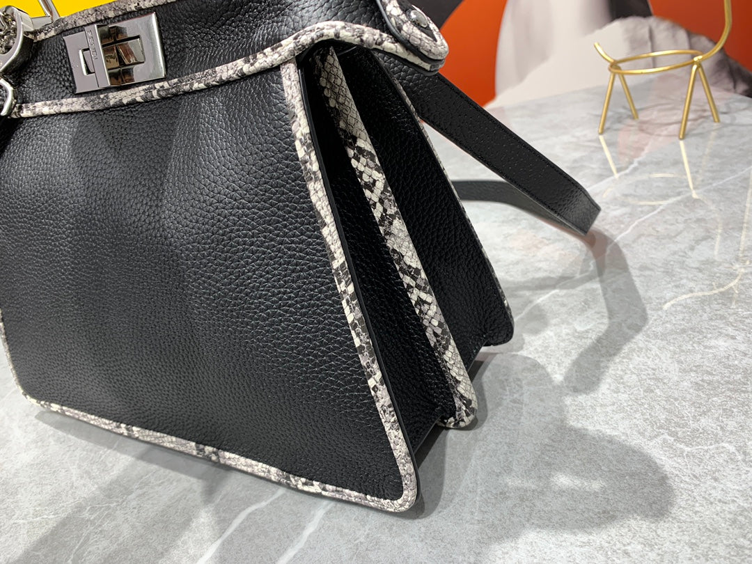Fendi Peekaboo Black Leather Handbag with Snakeskin Trim