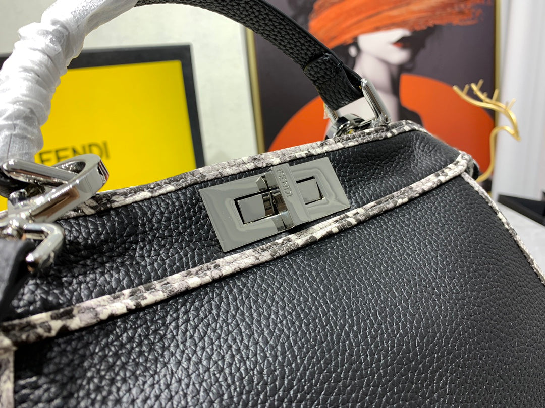 Fendi Peekaboo Iconic Small Black Leather Handbag with FF Motif Trim