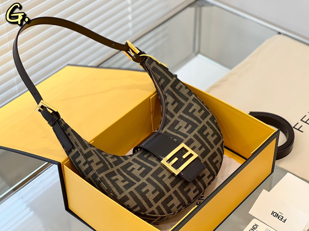 Fendi FF Monogram Canvas Crescent Shoulder Bag with Gold Buckle - Brown