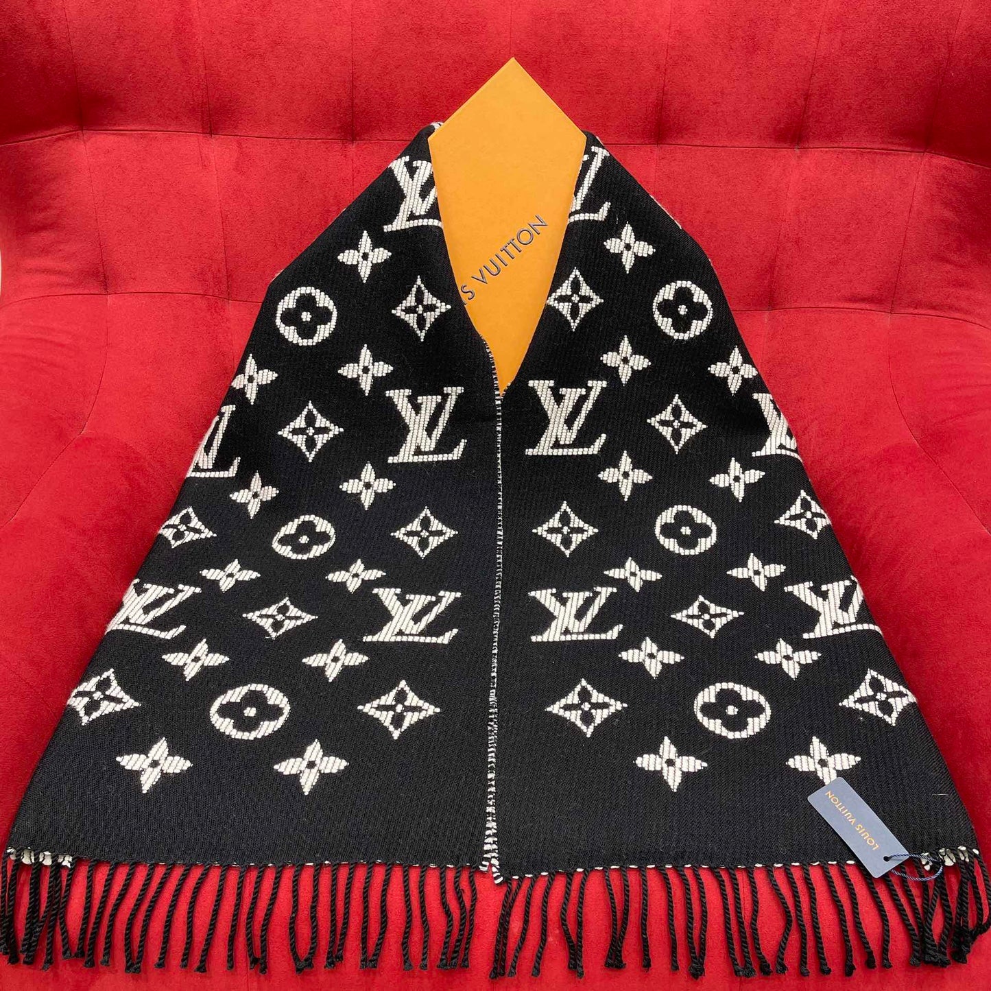 Louis Vuitton Monogram Scarf - Black and White Luxury Winter Scarf with Fringe Detail