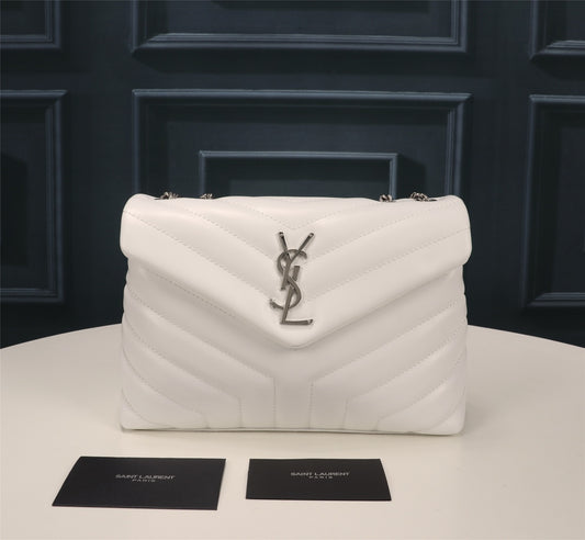 Saint Laurent Loulou Medium Shoulder Bag in Quilted White Leather with Silver Hardware