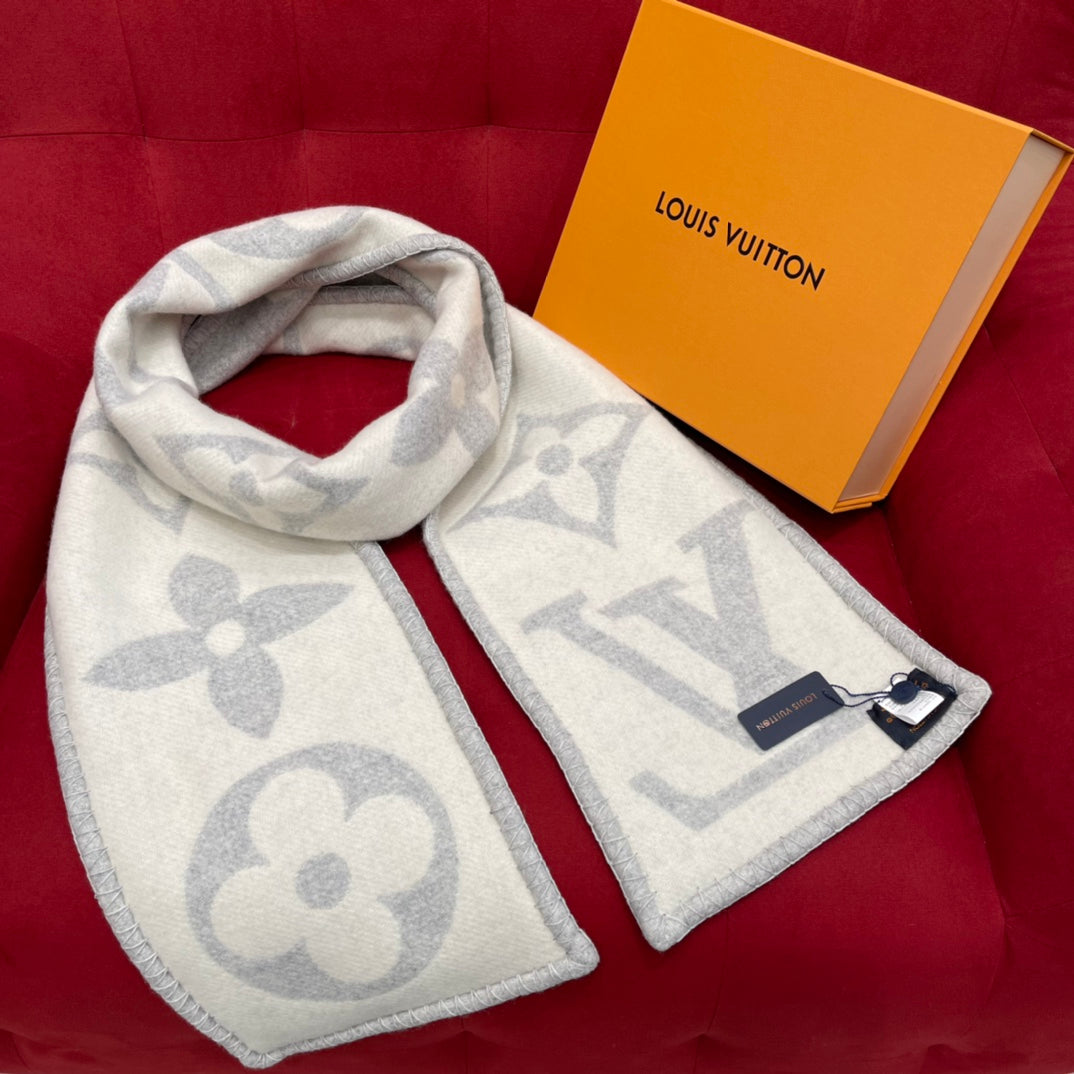 Louis Vuitton Logomania Monogram Scarf - Light Grey &amp; White Wool Cashmere Knit Designer Winter Scarf