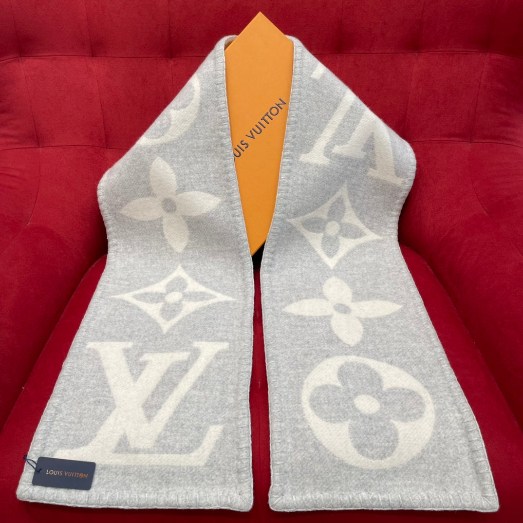 Louis Vuitton Logomania Monogram Scarf - Light Grey &amp; White Wool Cashmere Knit Designer Winter Scarf