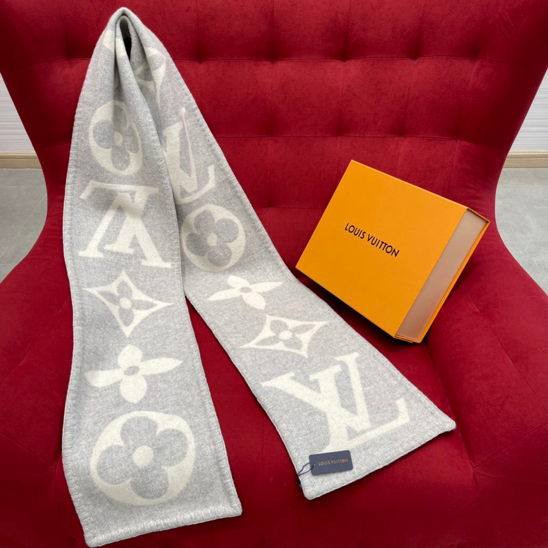 Louis Vuitton Logomania Monogram Scarf - Light Grey &amp; White Wool Cashmere Knit Designer Winter Scarf