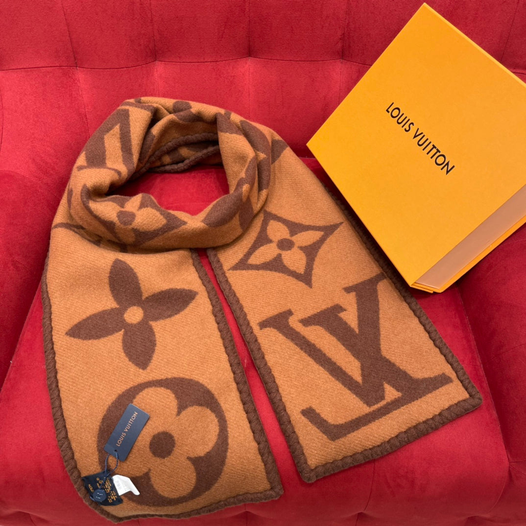 Louis Vuitton Logomania Monogram Scarf - Brown and Tan Designer Wool Blend Winter Scarf