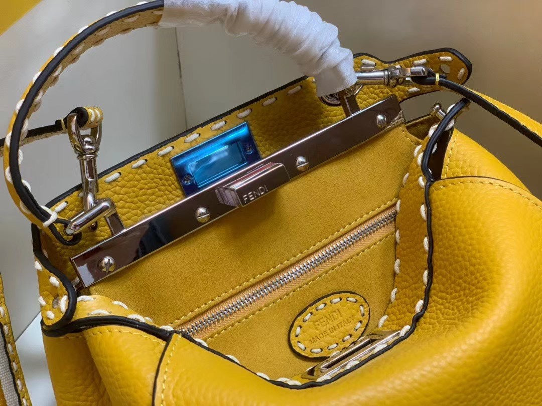 Fendi Peekaboo Mini Yellow Leather Handbag with FF Monogram Pouch and Strap