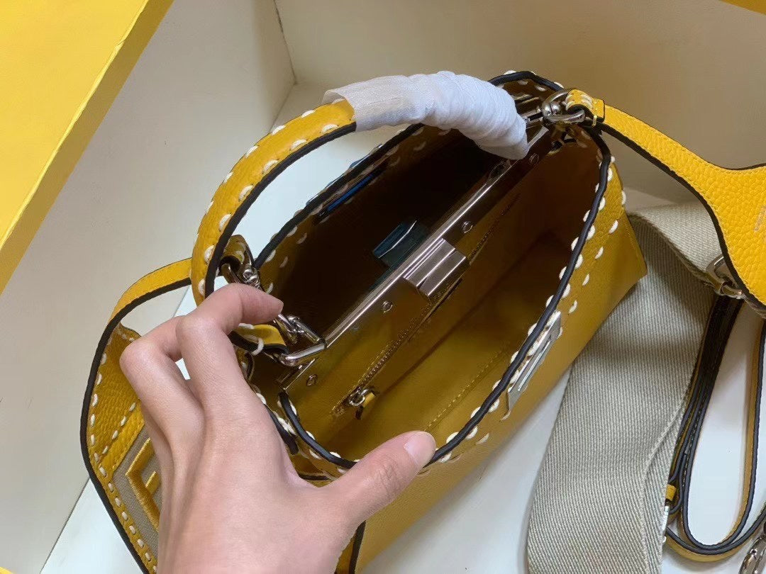 Fendi Peekaboo Mini Yellow Leather Handbag with FF Logo Nano Baguette Accessory