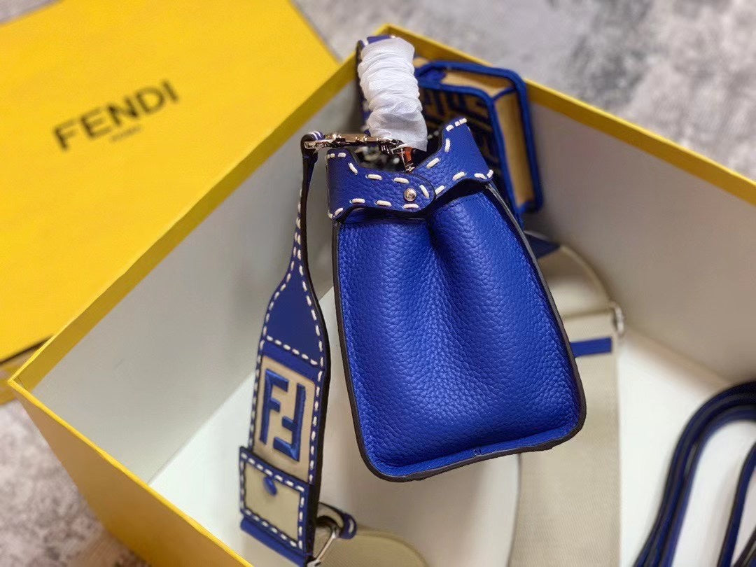 Fendi Peekaboo Selleria Mini Blue Leather Handbag with FF Logo Charms