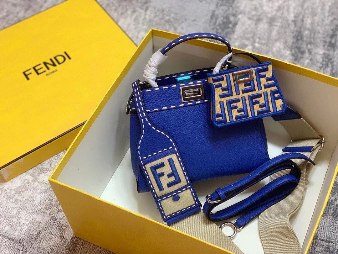 Fendi Electric Blue Leather Handbag with Contrast Stitching and FF Logo Accessory