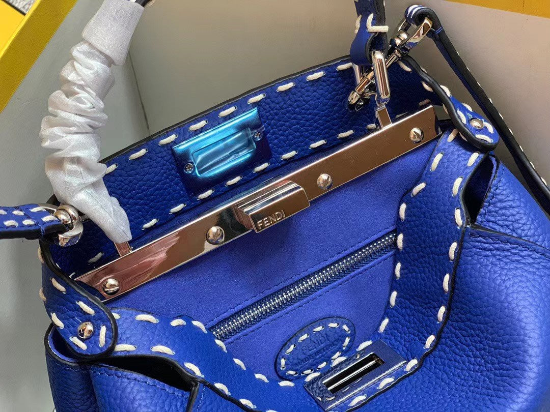Fendi Peekaboo Selleria Mini Blue Leather Handbag with FF Logo Charms