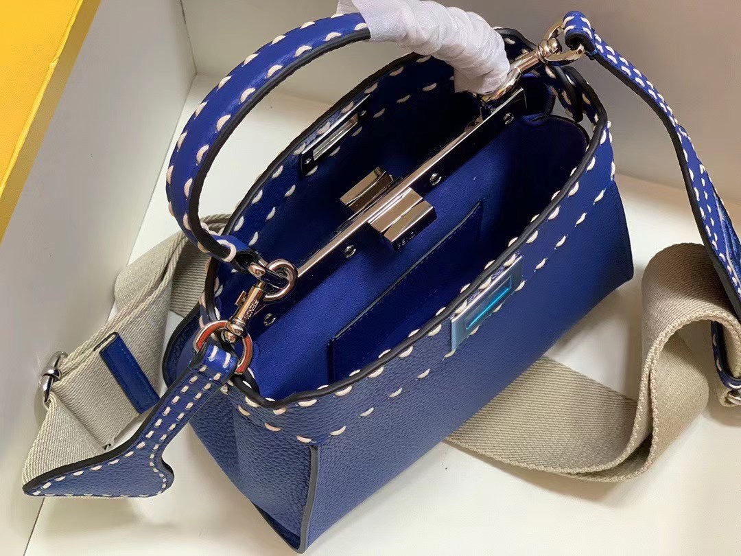 Fendi Peekaboo Iconic Mini Blue Leather Handbag with FF Logo Charm