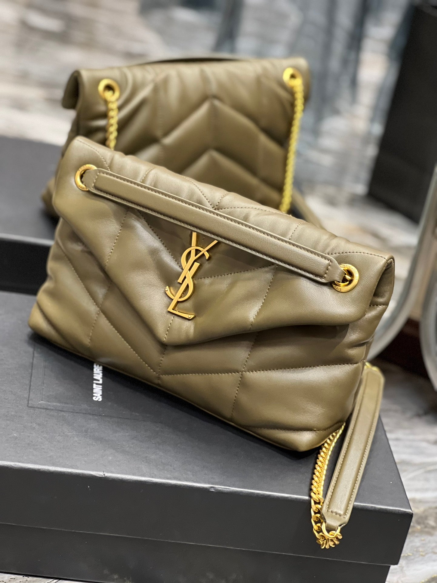 Saint Laurent Small Loulou Puffer Bag in Quilted Lambskin - Olive Green with Gold Hardware