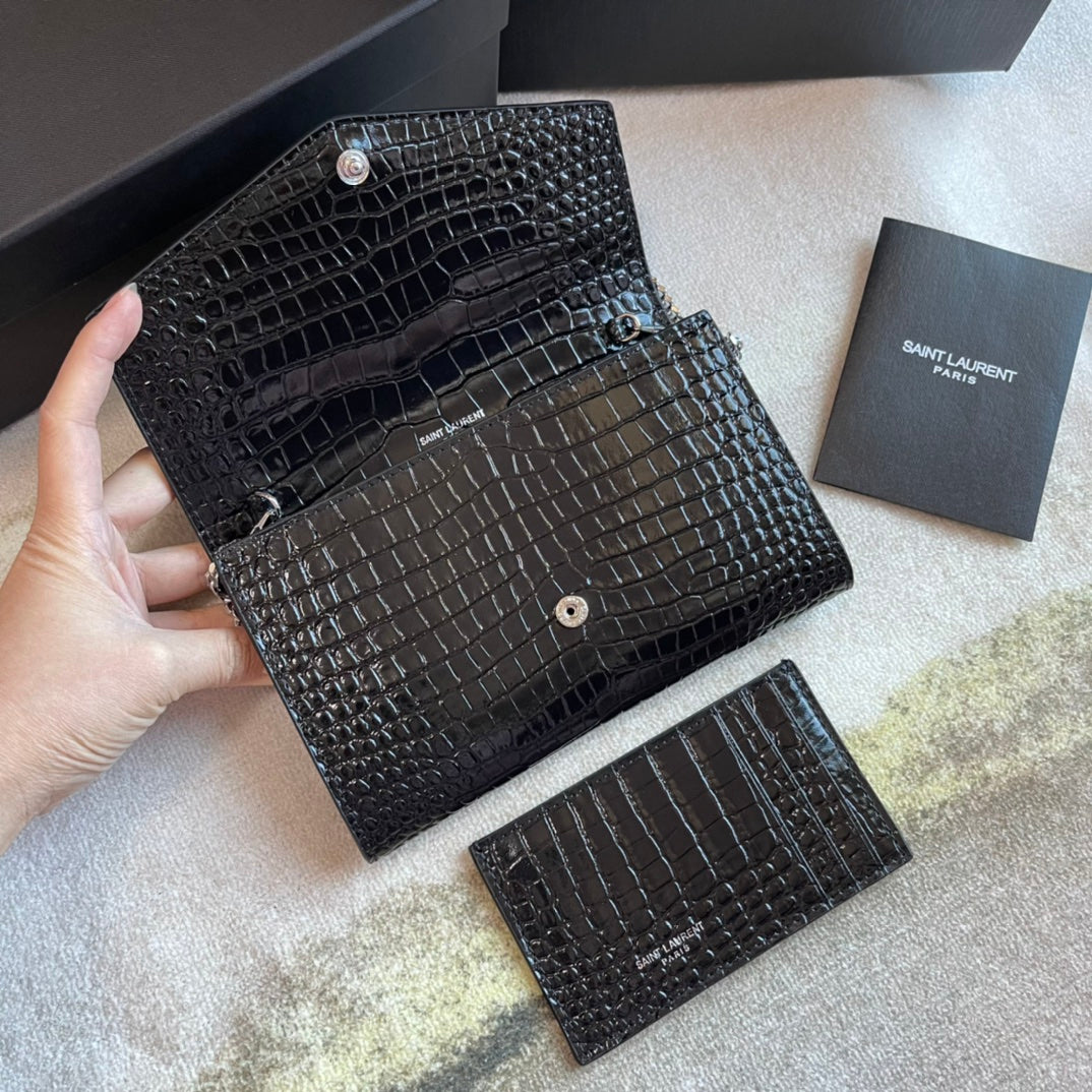 Saint Laurent Cassandre Envelope Chain Wallet in Croc-Embossed Leather - Black