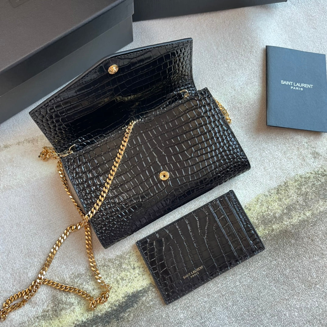 Saint Laurent Cassandre Envelope Chain Wallet in Black Crocodile-Embossed Leather