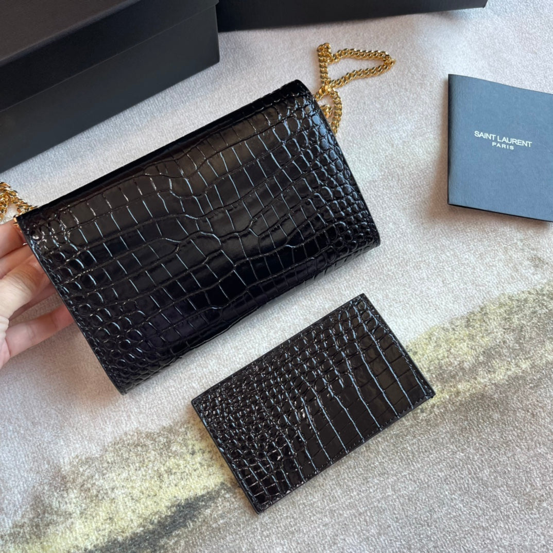 Saint Laurent Cassandre Envelope Chain Wallet in Black Crocodile-Embossed Leather
