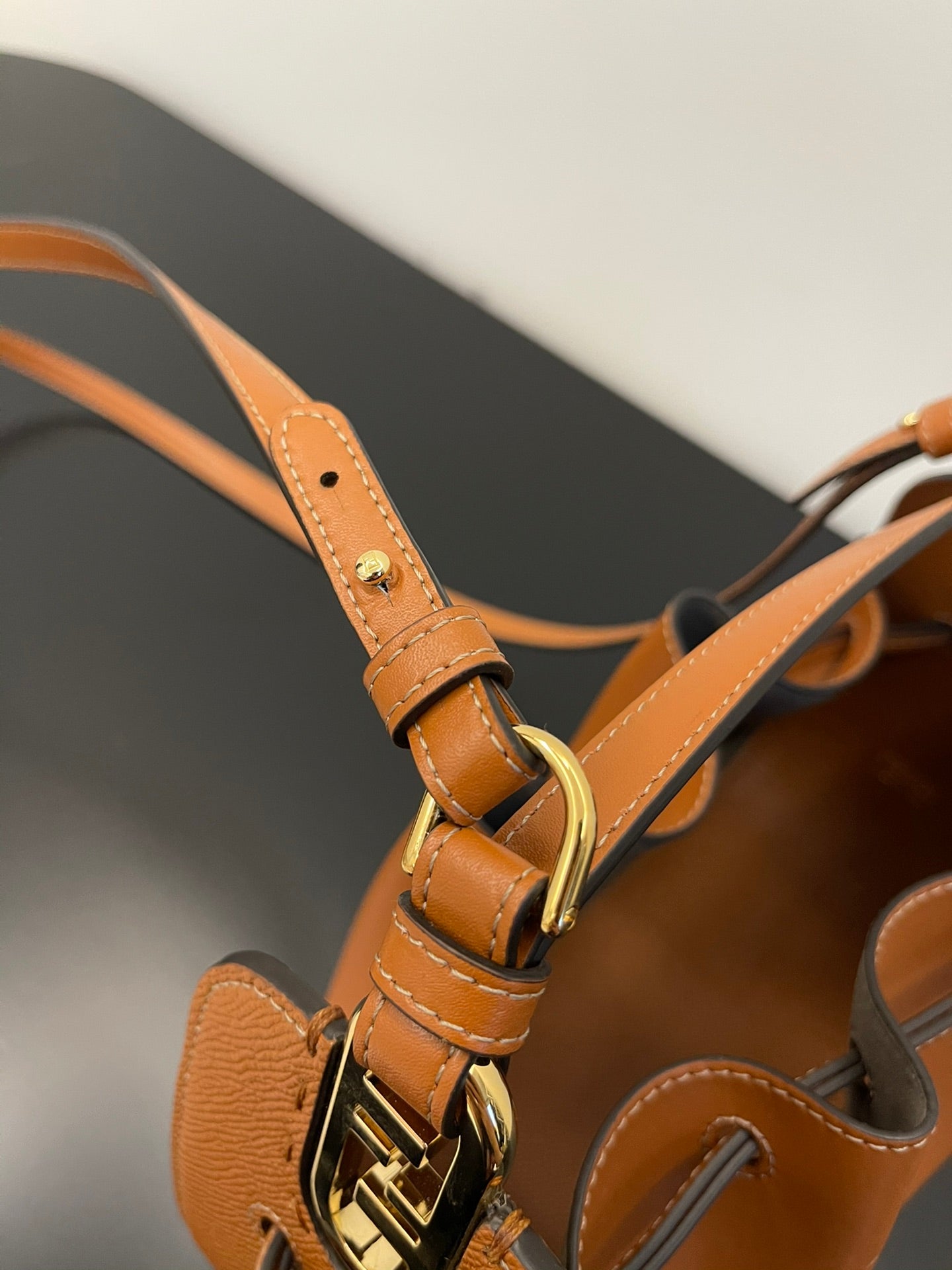 Mini Pleated Leather Drawstring Crossbody Bucket Bag - Tan