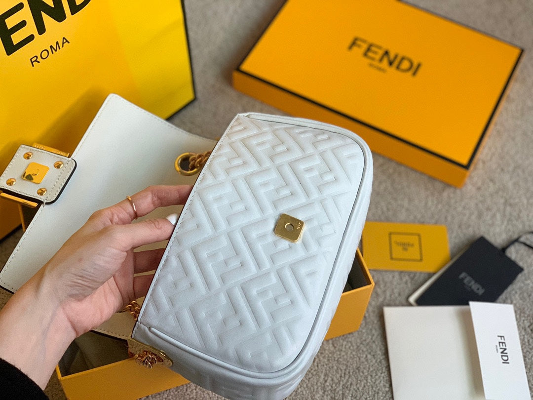 Fendi Baguette White Embossed Leather Shoulder Bag with Gold Hardware