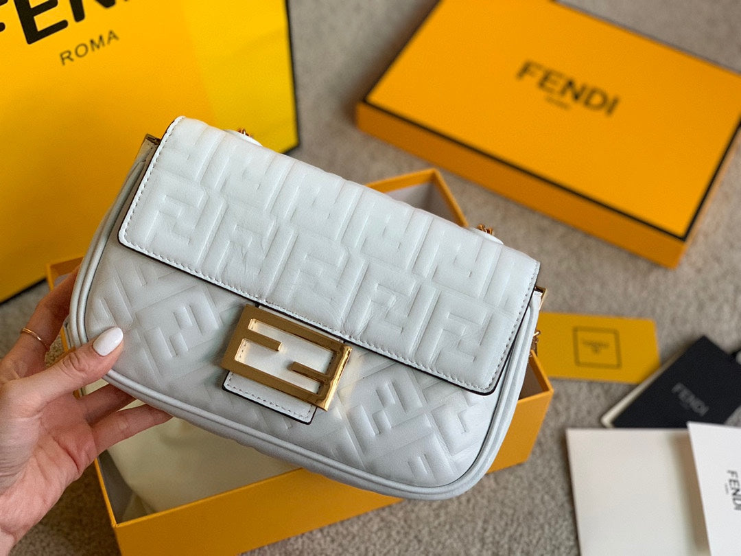 Fendi Baguette White Embossed Leather Shoulder Bag with Gold Hardware