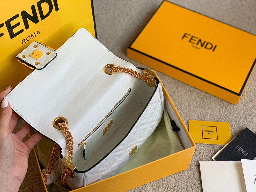 Fendi Baguette White Embossed Leather Shoulder Bag with Gold Hardware