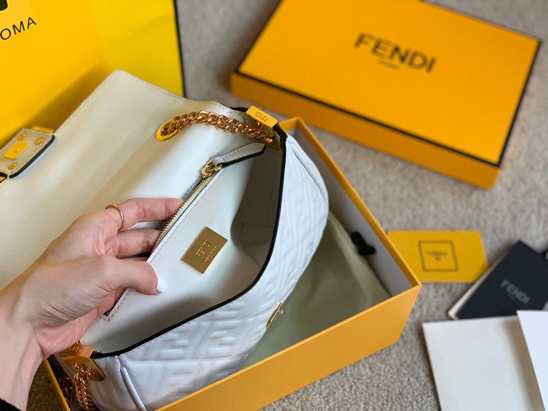 Fendi Baguette White Embossed Leather Shoulder Bag with Gold Hardware