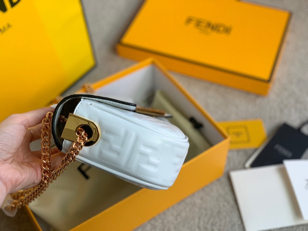 Fendi Baguette White Embossed Leather Shoulder Bag with Gold Hardware