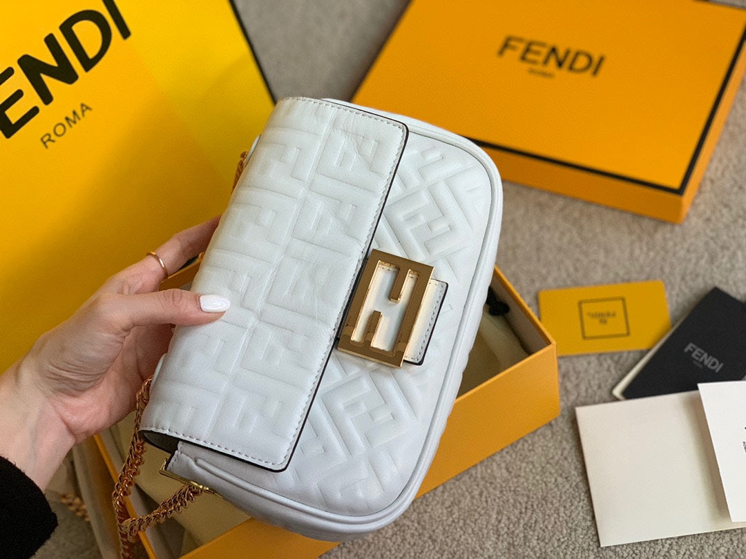 Fendi Baguette White Embossed Leather Shoulder Bag with Gold Hardware