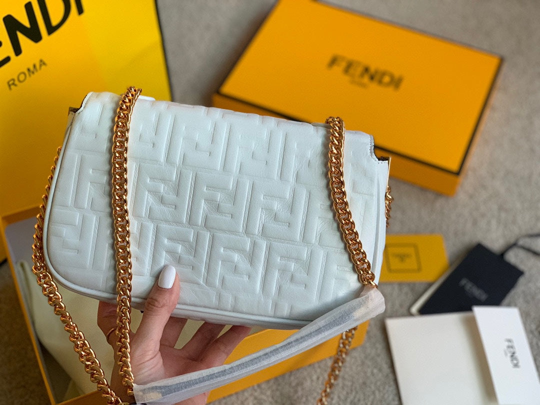 Fendi Baguette White Embossed Leather Shoulder Bag with Gold Hardware