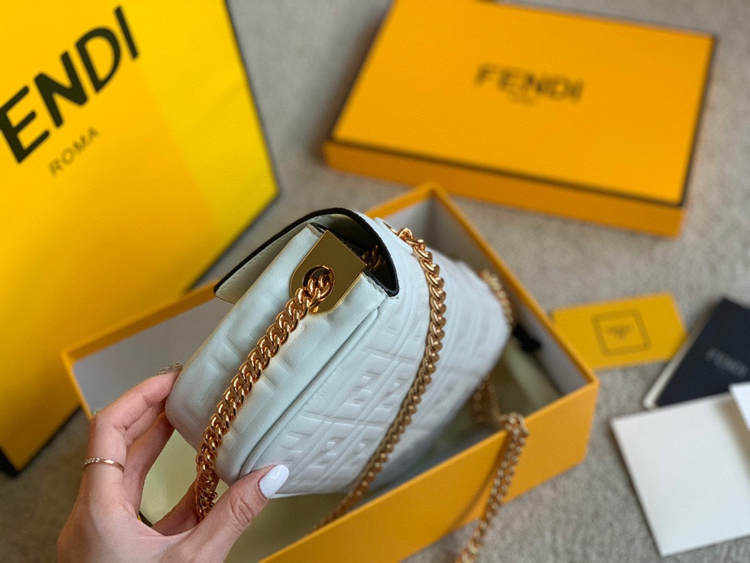 Fendi Baguette White Embossed Leather Shoulder Bag with Gold Hardware