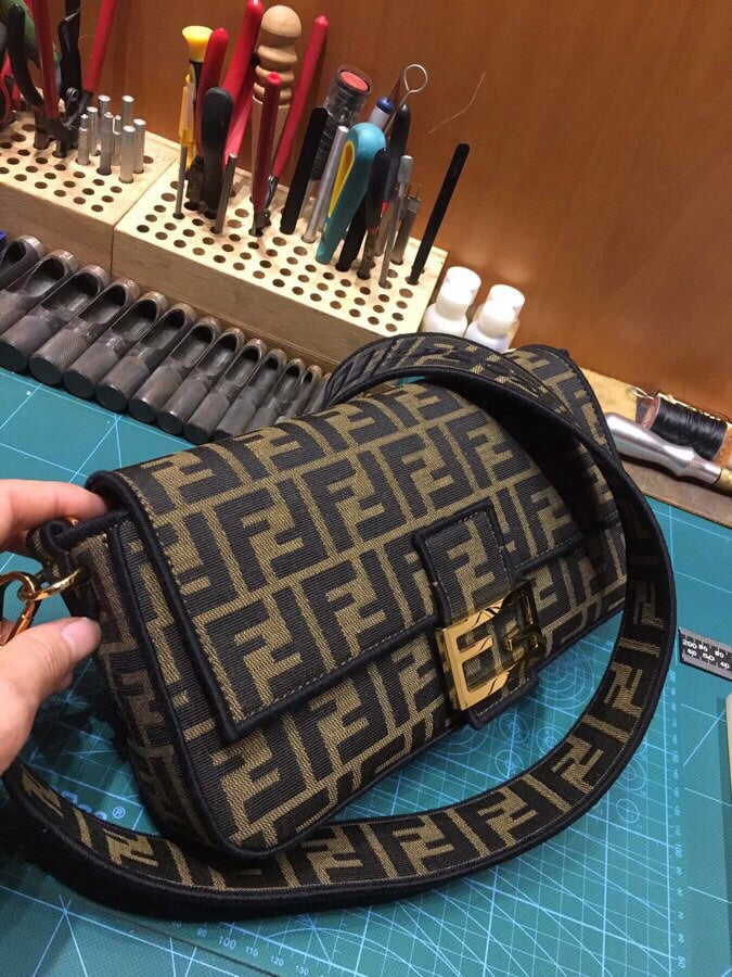 Fendi Zucca Monogram Canvas Baguette Handbag - Brown and Tan