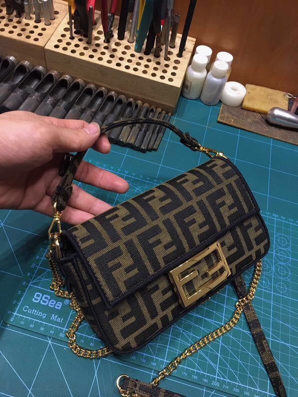 Fendi Mini Baguette Bag in Zucca Monogram Canvas with Gold Hardware