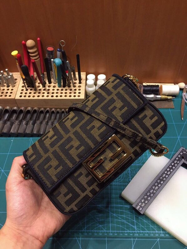 Fendi Mini Baguette Bag in Zucca Monogram Canvas with Gold Hardware