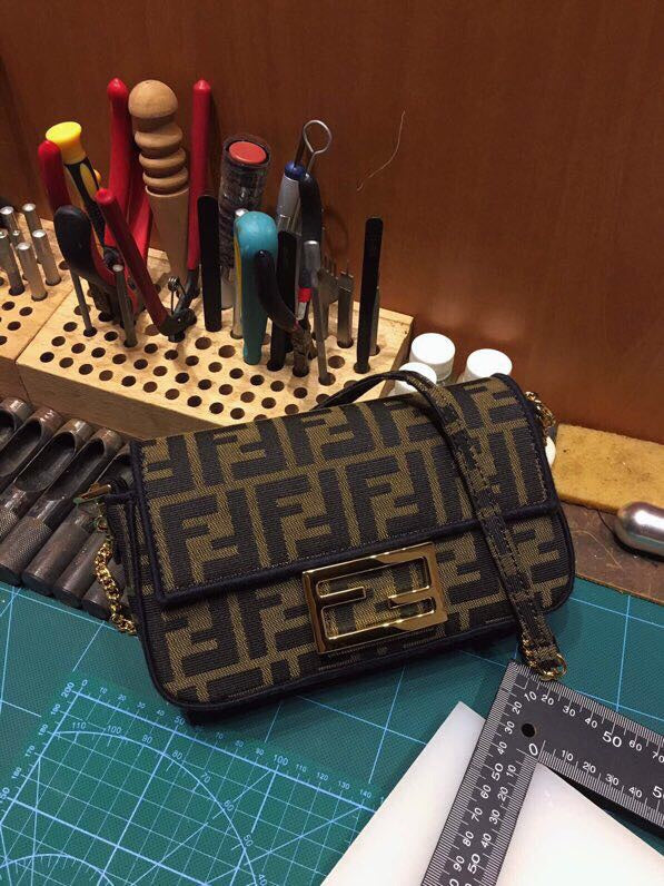 Fendi Mini Baguette Bag in Zucca Monogram Canvas with Gold Hardware
